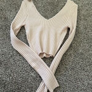 Active USA Cream Ribbed Crop Blouse Long Sleeve